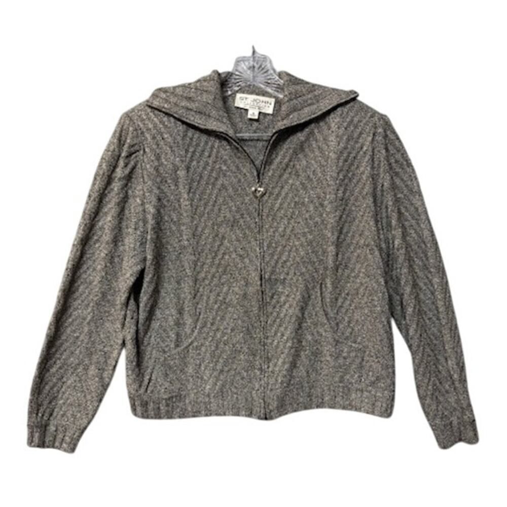 ST. JOHN Collection Gray Cable Knit Heart Zipper Sweater Jacket Size 8